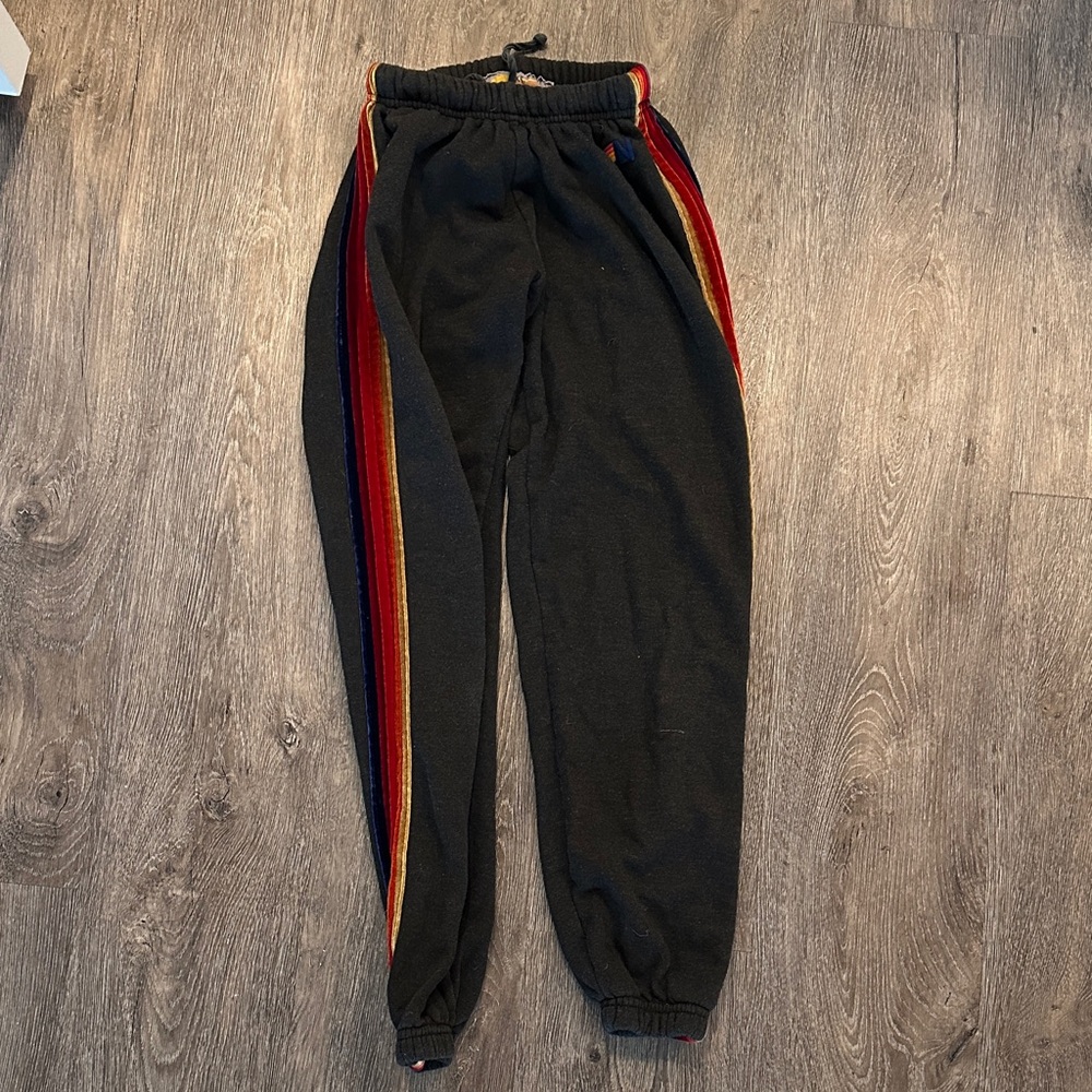 Aviator Nation XS Black Sweatpants with Red and Gold Accent Stripes